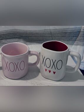 Rae Dunn XOXO Pink and White Ceramic Mug Set